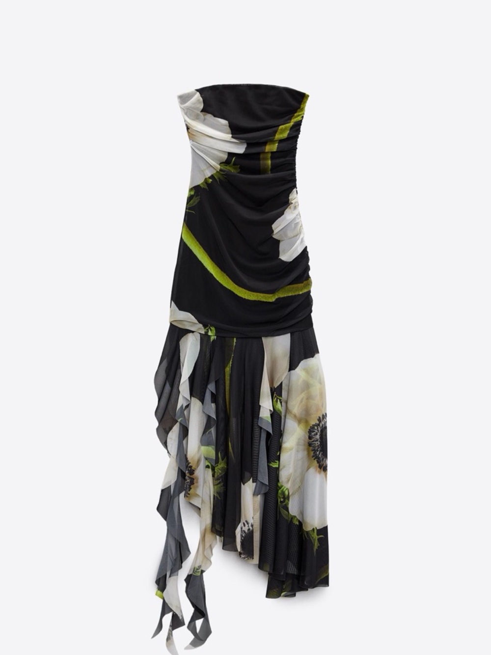 Zara Black Strapless Floral Asymmetrical Dress with White and Green Accents